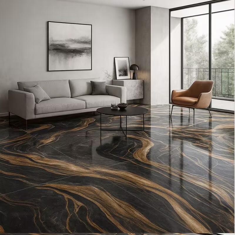 Black with Gold Tiles Living Room