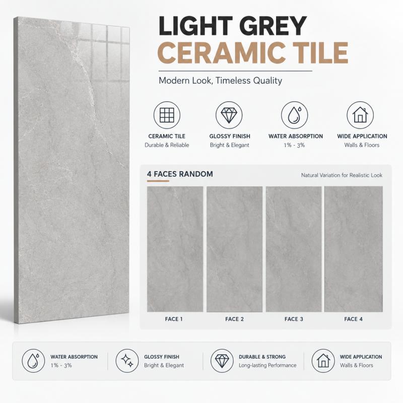 Grey Glossy Four Face Porcelain Tile