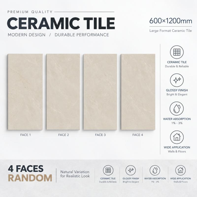 Beige Marble Effect Glossy Ceramic Tile